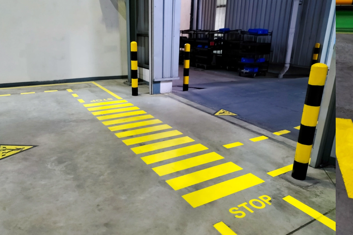 Factory floor with yellow stop markings.