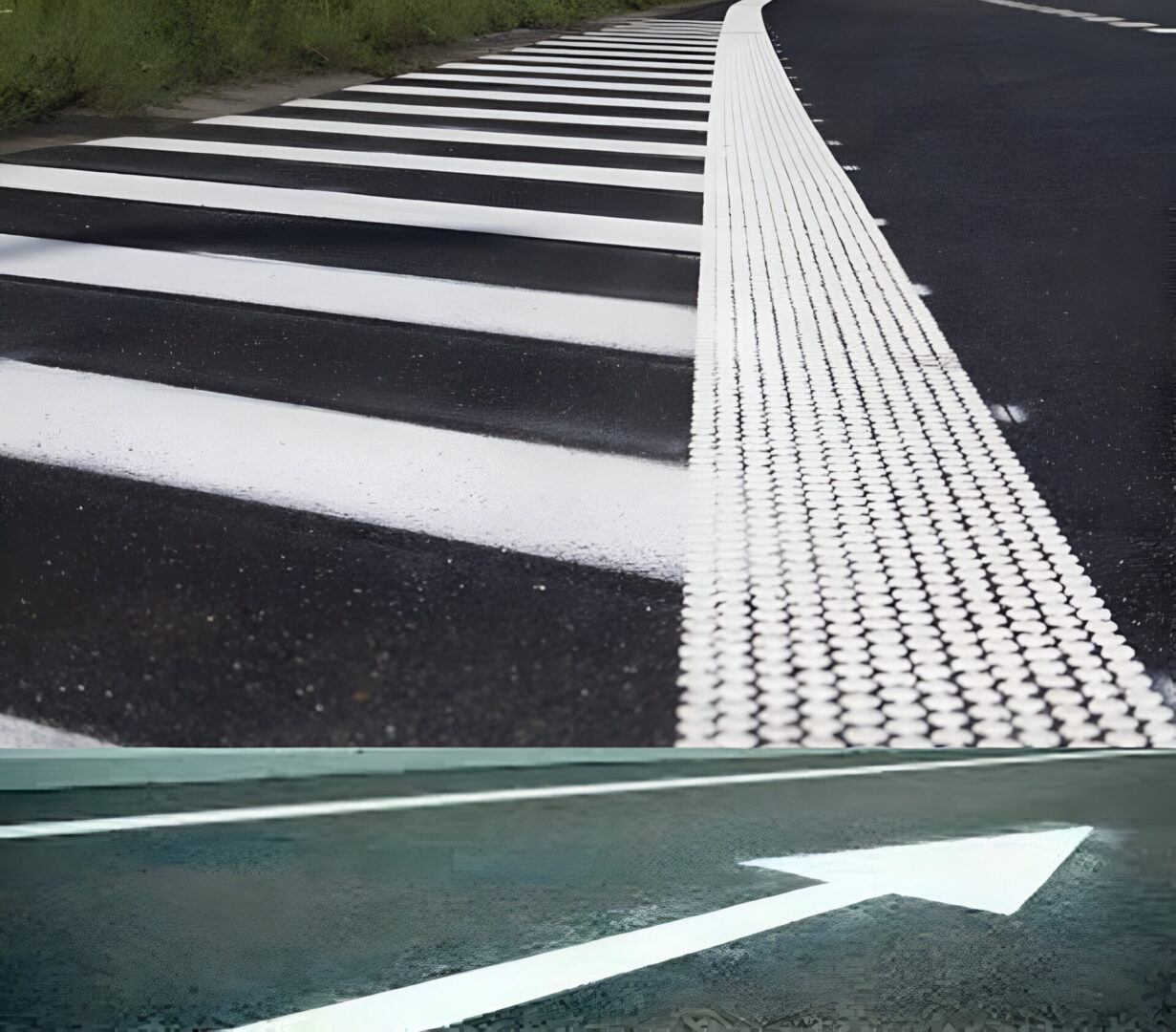 Here's an alt tag for the image: Crosswalk and tactile paving with arrow.