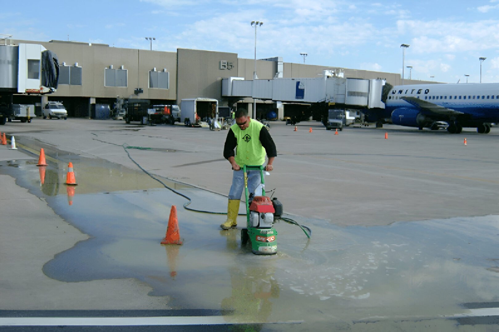 Airport worker repairing wet tarmac.