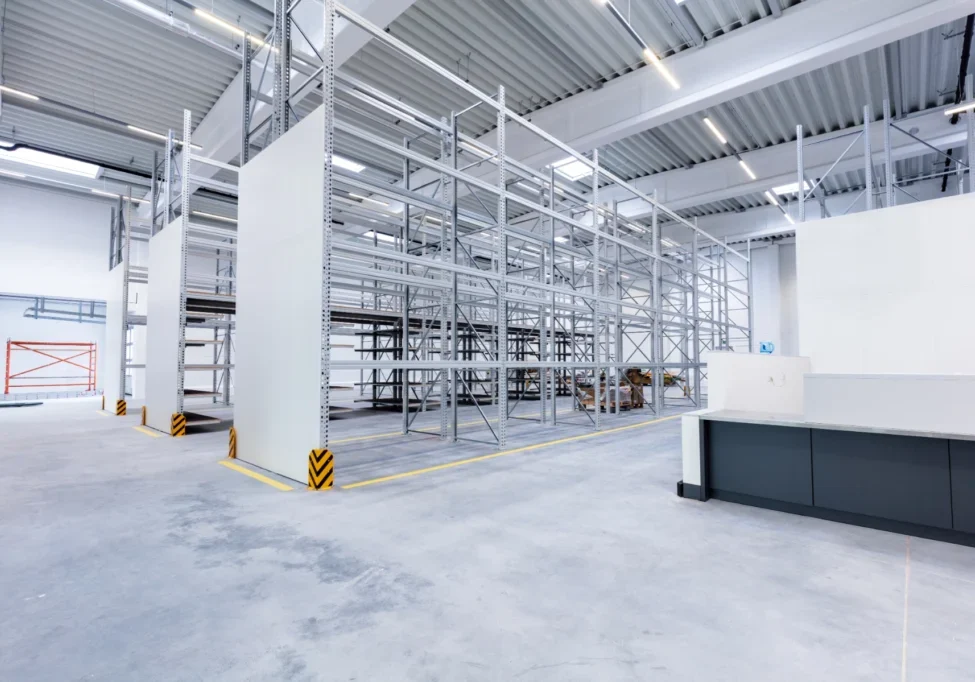 Empty warehouse with metal shelving units.